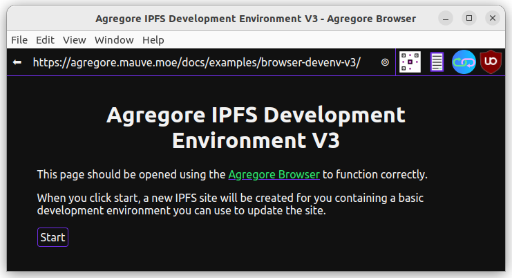 Webpage on Agregore to create an IPFS browser development environment