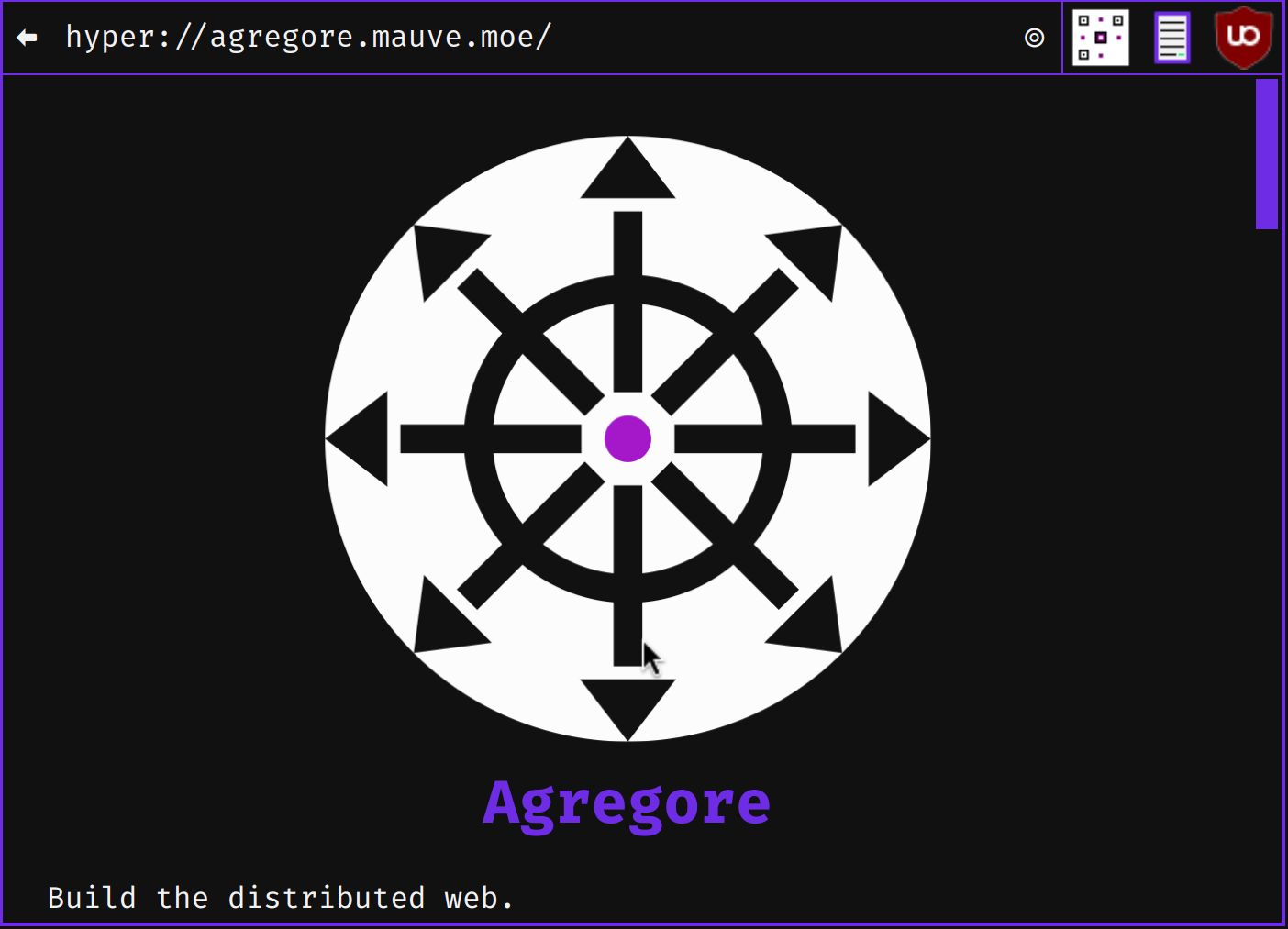 Screenshot showing Agregore Browser loading a hyper:// URL